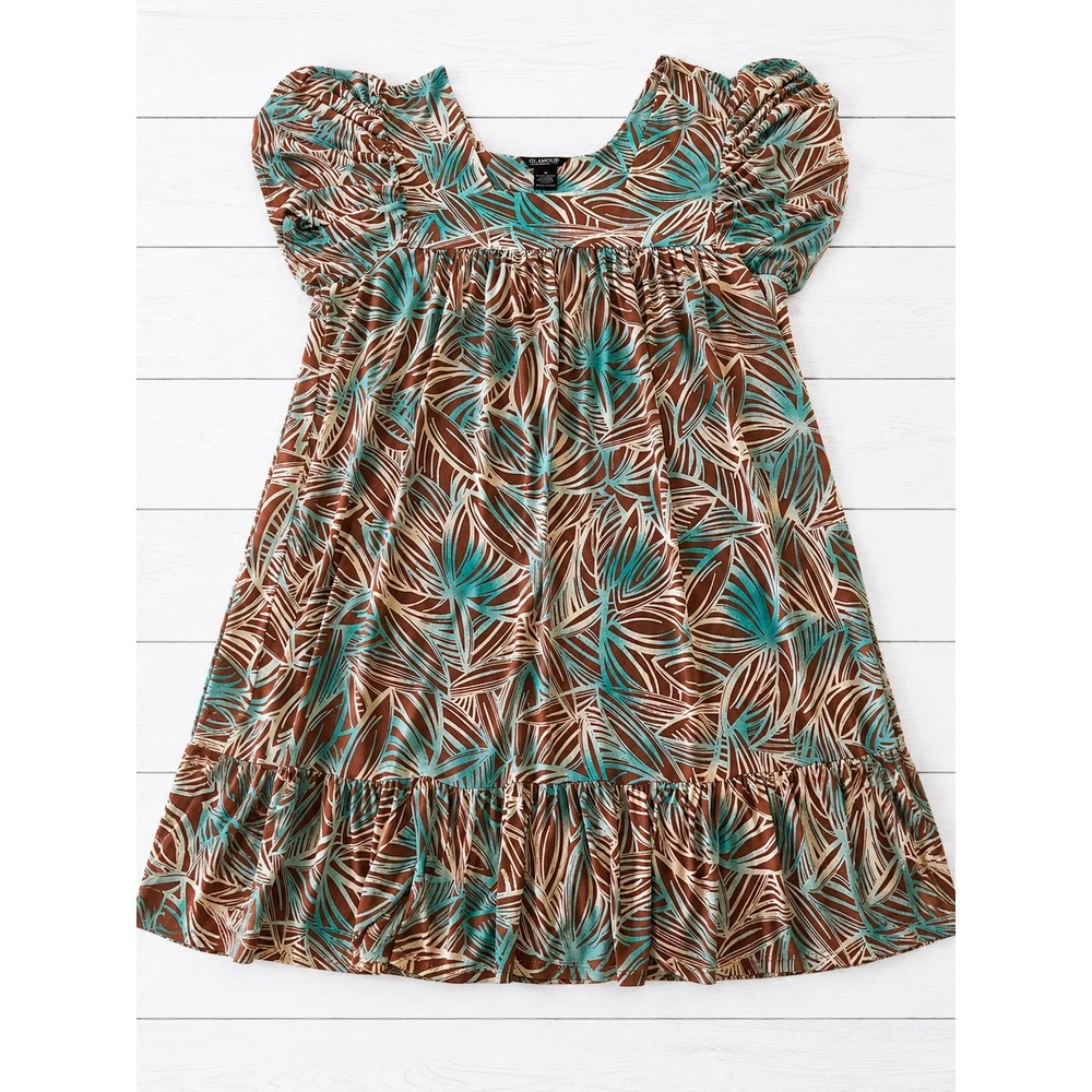 Glamour Tropical Palm Leaf Flutter Sleeve Ruffle Dress Brown Turquoise Size 16
